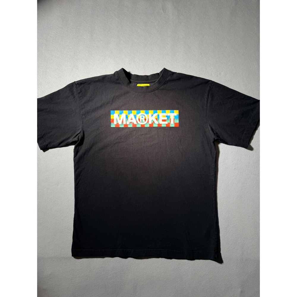 Market T-Shirt Mens Large Black Multi-Color Box Logo Graphic Checkered